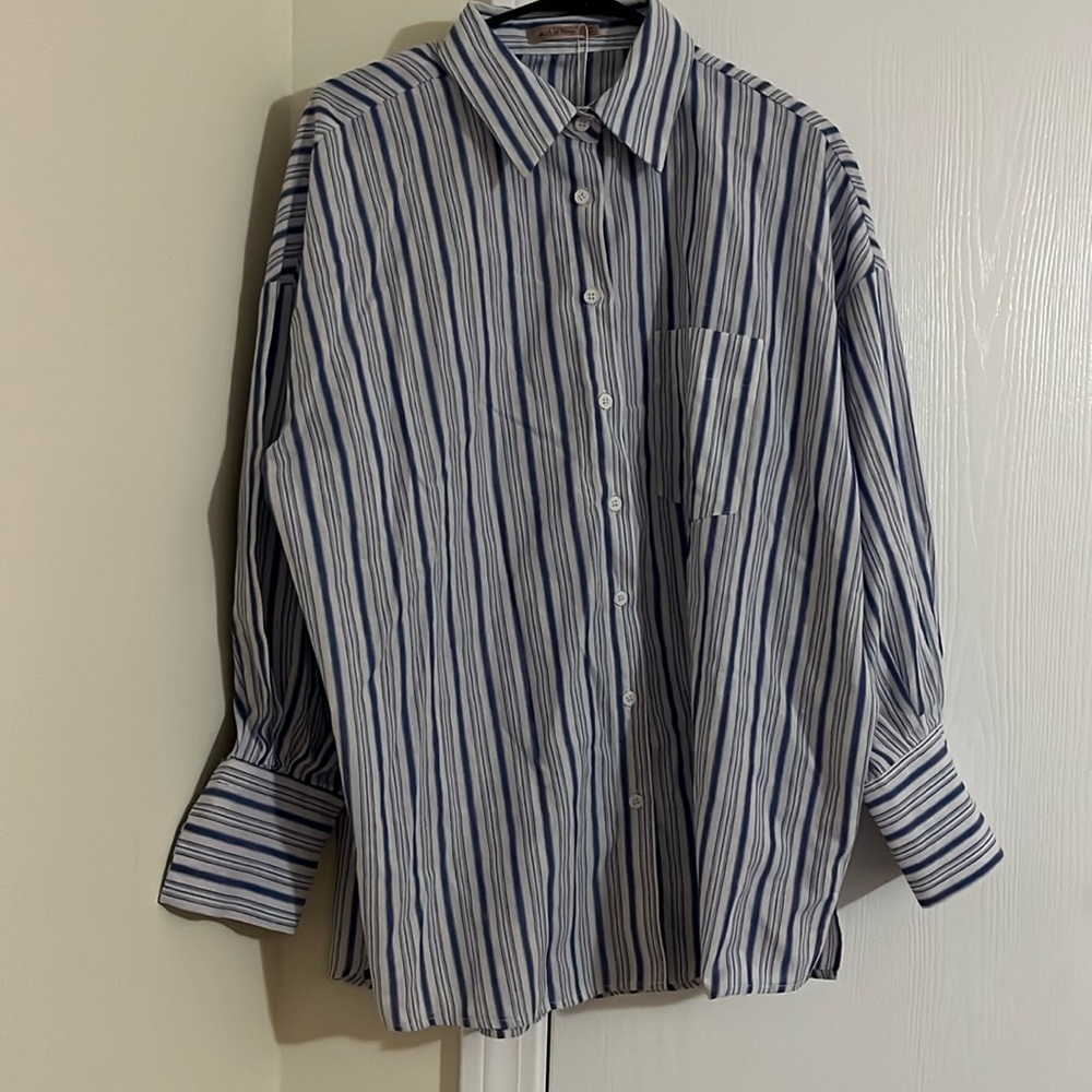 Blue and white striped long sleeve button down
